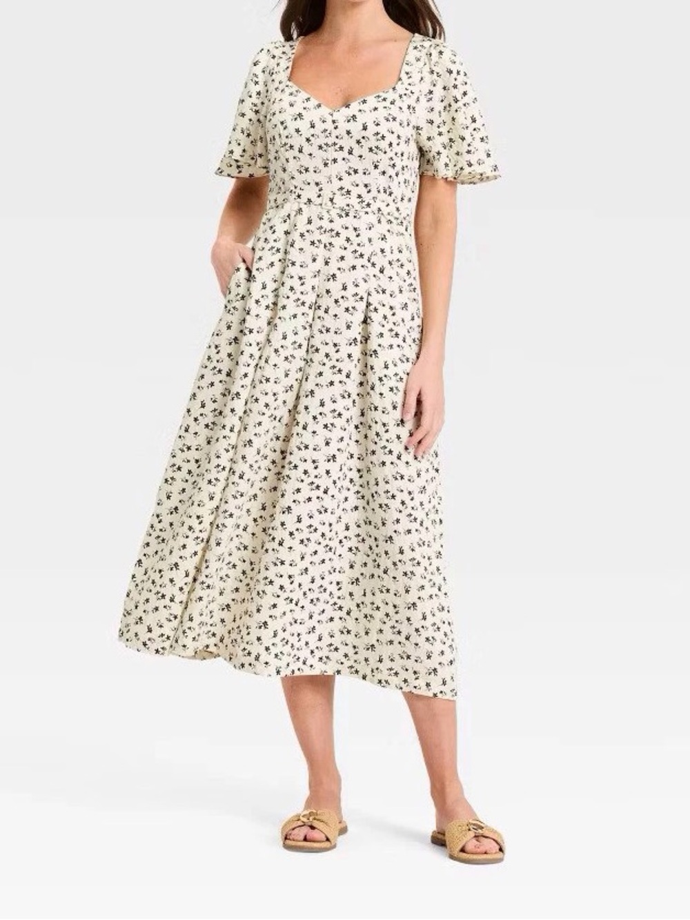 Floral Sweetheart Midi Dress in Cream